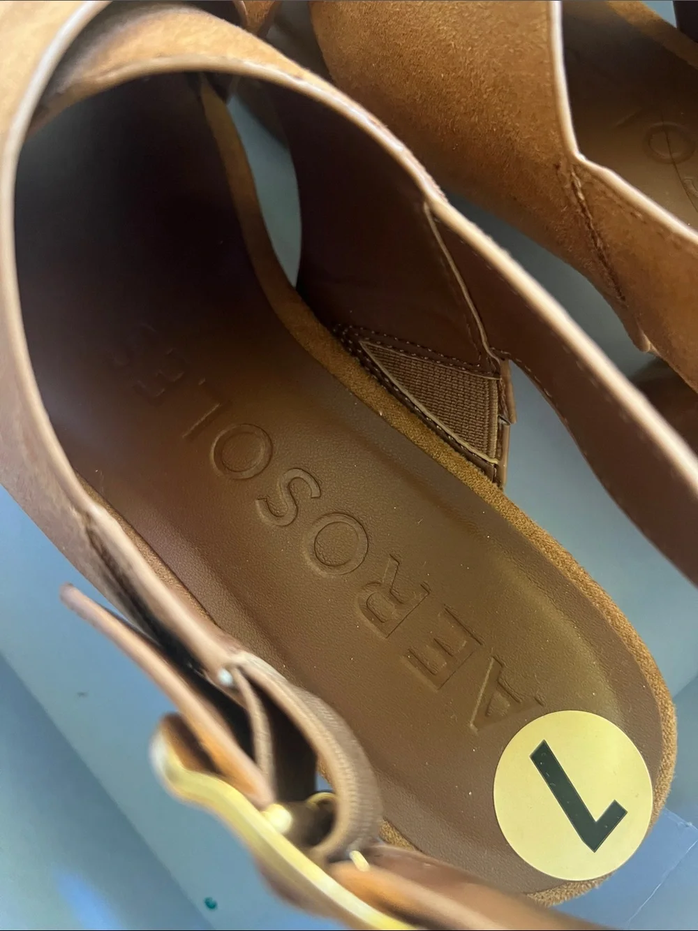 NIB AEROSOLES Cognac Suede Crossband Platform Sandals with Gold Buckle - size 7